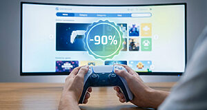 Mains tenant une manette PS5 face à un écran affichant le PlayStation Store et une offre de -90%.
