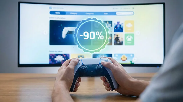 Mains tenant une manette PS5 face à un écran affichant le PlayStation Store et une offre de -90%.