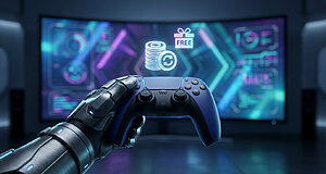 Une main cybernétique tient une manette de jeu bleue avec des hologrammes de pièces et un cadeau "FREE" devant un écran futuriste.