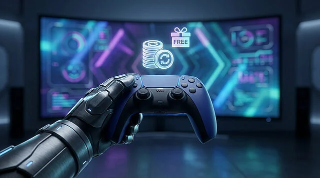 Remboursement et DLC gratuit : l'avenir du jeu vidéo Une main cybernétique tient une manette de jeu bleue avec des hologrammes de pièces et un cadeau "FREE" devant un écran futuriste.