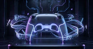 Manette de jeu futuriste PlayStation en gros plan, avec des lueurs néon bleues et violettes et des icônes de jeu flottantes.