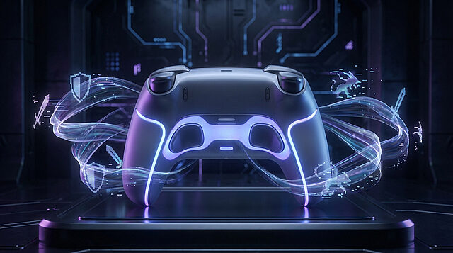 Manette PlayStation futuriste et hologrammes de jeu Manette de jeu futuriste PlayStation en gros plan, avec des lueurs néon bleues et violettes et des icônes de jeu flottantes.