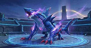 Méga-Carchacrok Z, créature bleue draconique à l'allure de requin, émettant une énergie violette dans une arène.