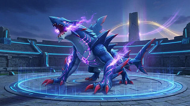Méga-Carchacrok Z, créature bleue draconique à l'allure de requin, émettant une énergie violette dans une arène.