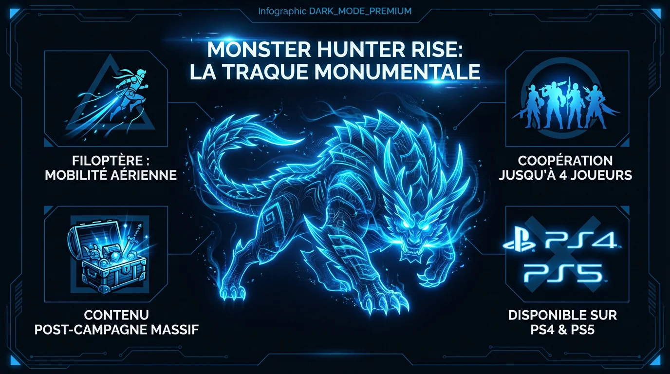 Chasseur utilisant le Filoptère pour attaquer un monstre géant dans Monster Hunter Rise