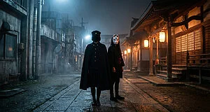 Deux figures masquées, l'une en uniforme sombre et l'autre en masque de renard, dans une rue brumeuse entre ruelles industrielles et bâtiments japonais éclairés.