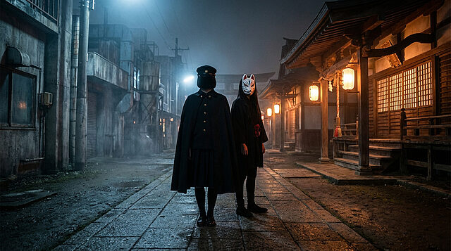 Deux figures masquées, l'une en uniforme sombre et l'autre en masque de renard, dans une rue brumeuse entre ruelles industrielles et bâtiments japonais éclairés.