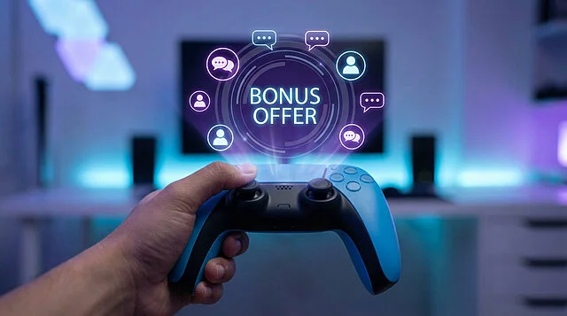 Main tenant une manette de jeu bleue affichant une offre bonus holographique avec icônes de chat et de profil, dans une ambiance gaming.