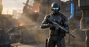 Soldat futuriste en armure noire avec des lumières bleues, tenant un fusil, dans un décor post-apocalyptique au coucher du soleil.