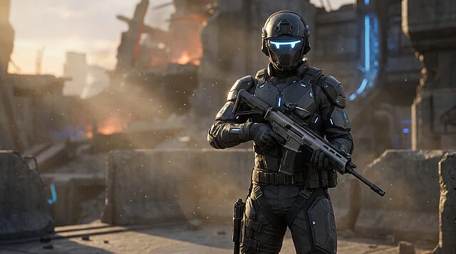 Skin Mike Harper BO7 : Soldat futuriste Soldat futuriste en armure noire avec des lumières bleues, tenant un fusil, dans un décor post-apocalyptique au coucher du soleil.
