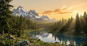 Magnifique paysage de montagne enneigée, lac cristallin, forêt de conifères et rayons de soleil, ambiance Skyrim moddé.