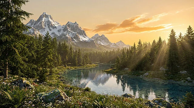 Claque visuelle : Skyrim ultra moddé, aube sur lac alpin Magnifique paysage de montagne enneigée, lac cristallin, forêt de conifères et rayons de soleil, ambiance Skyrim moddé.