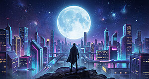 Un personnage encapé domine une cité futuriste scintillante de néons, sous une lune géante et un ciel nocturne étoilé.
