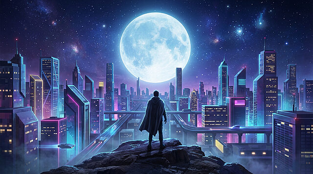 Nuit lunaire sur la ville futuriste Un personnage encapé domine une cité futuriste scintillante de néons, sous une lune géante et un ciel nocturne étoilé.