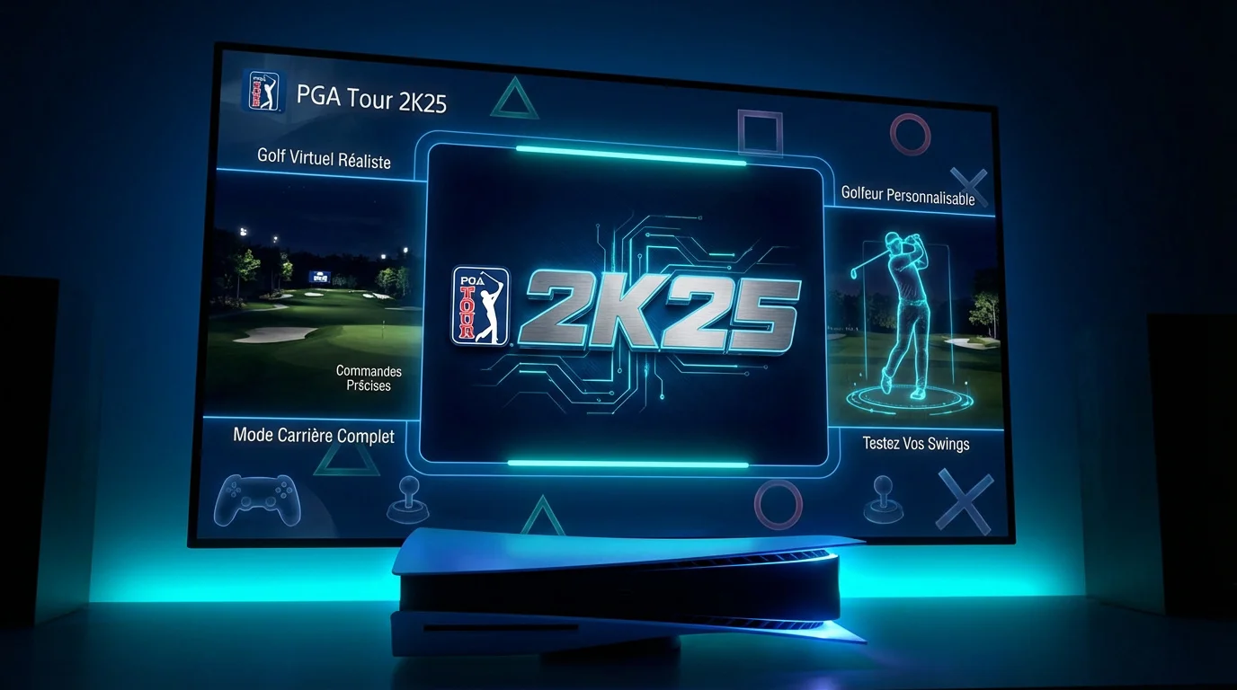 Joueur de golf professionnel effectuant un swing parfait sur un parcours de Pga tour 2k25