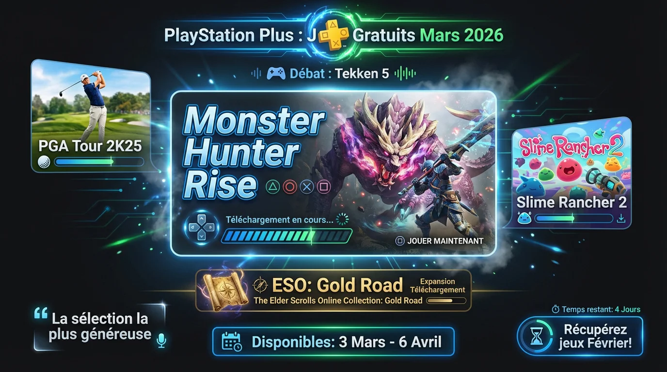 Jeux gratuits PlayStation Plus mars 2026 avec Monster Hunter Rise et PGA Tour 2K25