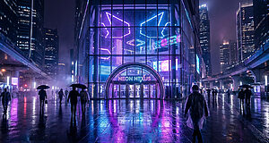 Rue urbaine futuriste la nuit sous la pluie. Bâtiment vitré "NEON NEXUS" illuminé de néons violets/bleus. Piétons avec parapluies sur le sol mouillé.