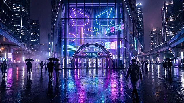 Plaza Neon Nexus : Nuit Cyberpunk sous la Pluie Rue urbaine futuriste la nuit sous la pluie. Bâtiment vitré "NEON NEXUS" illuminé de néons violets/bleus. Piétons avec parapluies sur le sol mouillé.