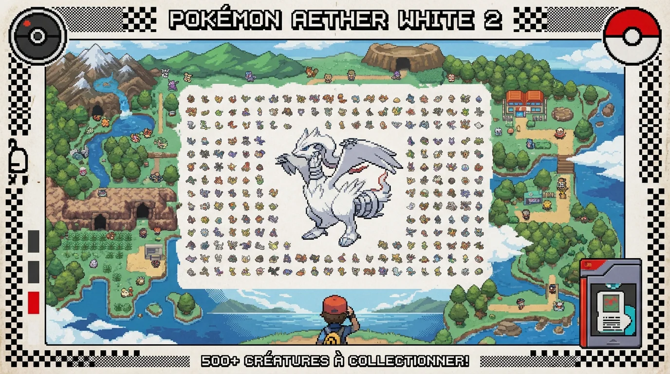 Carte de la région d'Unys avec une sélection de 500 Pokémon disponibles dans Aether White 2