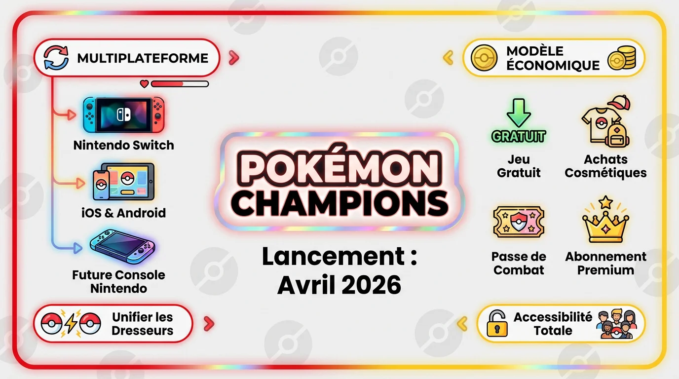 Logo de Pokémon Champions avec les supports Nintendo Switch et smartphones