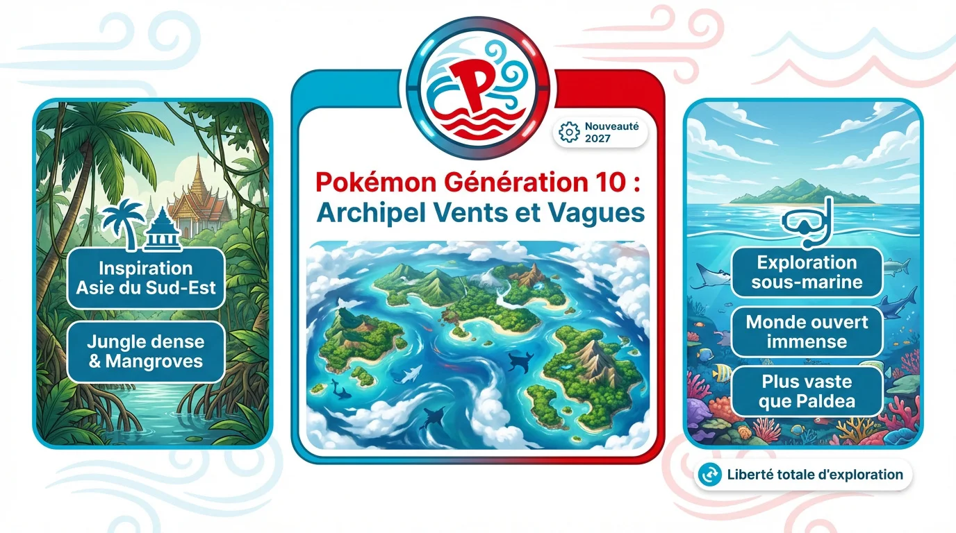 Paysage tropical de l'archipel de la dixième génération Pokémon inspiré de l'Asie du Sud-Est