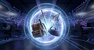 Image d'un portail lumineux futuriste avec des éléments de jeu : épée, pioche, vaisseau pixel, sac à dos, casque VR. Arrière-plan de salle de jeu technologique.
