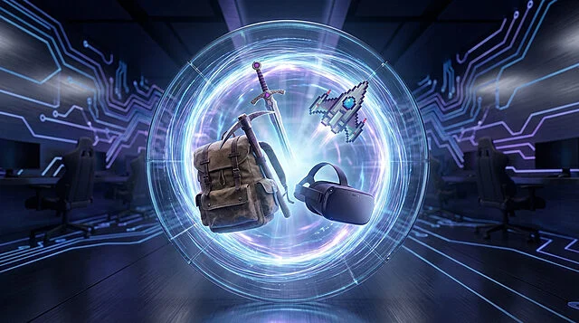 Explorez les mondes virtuels : jeux Steam gratuits Image d'un portail lumineux futuriste avec des éléments de jeu : épée, pioche, vaisseau pixel, sac à dos, casque VR. Arrière-plan de salle de jeu technologique.