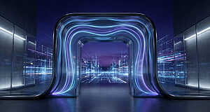 Portail futuriste lumineux aux néons bleus/violets, s'ouvrant sur une cité numérique abstraite, symbolisant l'innovation de Sony.