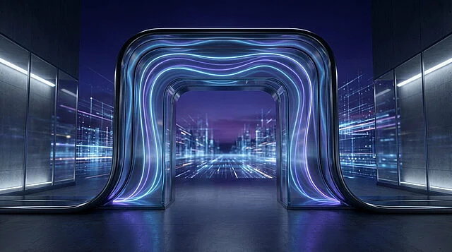 Portail futuriste: l'ère de la modernisation Sony Portail futuriste lumineux aux néons bleus/violets, s'ouvrant sur une cité numérique abstraite, symbolisant l'innovation de Sony.