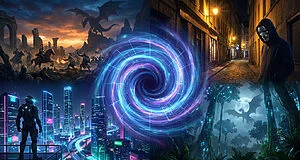 Collage de mondes de jeux vidéo: fantaisie épique, rue urbaine mystérieuse, ville futuriste, et forêt enchantée, unis par un portail central lumineux.