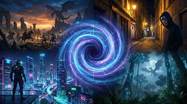 PS Plus Mars : Mondes fantastiques et urbains Collage de mondes de jeux vidéo: fantaisie épique, rue urbaine mystérieuse, ville futuriste, et forêt enchantée, unis par un portail central lumineux.