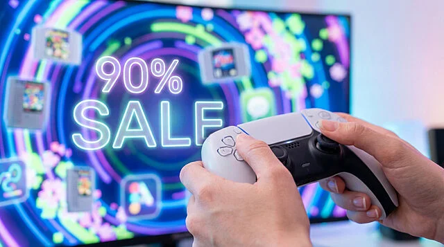 Soldes PlayStation : jusqu'à -90% avec DualSense Mains tenant une manette PS5 DualSense devant un écran affichant "90% SALE" en néon et des jeux rétro.