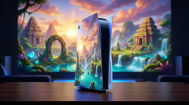 La PS5 s'illumine avec le monde de Jak & Daxter Une PS5 customisée affiche un monde vibrant inspiré de Jak & Daxter avec cascades et temples, sur fond d'écran flou.