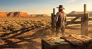 Un cowboy se tient de dos face à un vaste désert. Sur une caisse en bois, des pièces d'or, des billets et un gilet en cuir.