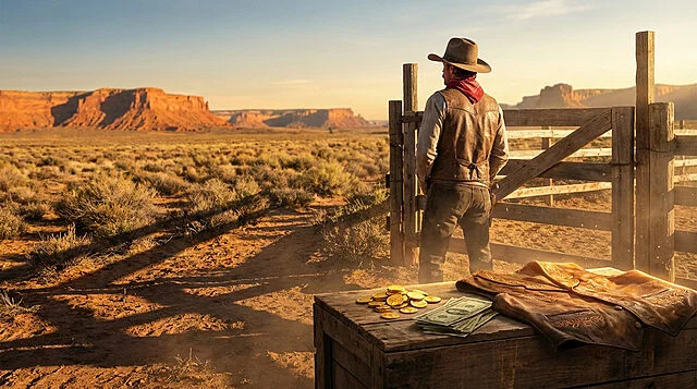 Un cowboy se tient de dos face à un vaste désert. Sur une caisse en bois, des pièces d'or, des billets et un gilet en cuir.