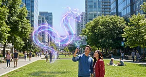 Un jeune couple souriant interagit avec un Pokémon Dragonair virtuel en réalité augmentée dans un parc urbain. Lumière du jour.