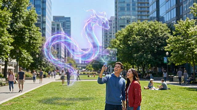 Dragonair en RA au cœur de la ville Un jeune couple souriant interagit avec un Pokémon Dragonair virtuel en réalité augmentée dans un parc urbain. Lumière du jour.