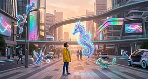Un enfant en jaune admire des créatures DokeV lumineuses dans une ville futuriste animée au lever du soleil.