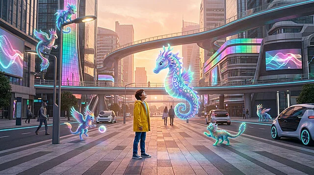 DokeV : Créatures fantastiques dans une ville futuriste Un enfant en jaune admire des créatures DokeV lumineuses dans une ville futuriste animée au lever du soleil.