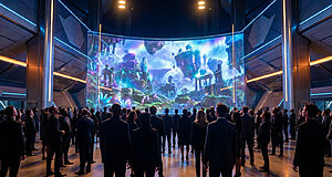 Foule dans une salle high-tech, regardant un écran géant incurvé montrant un monde fantastique vibrant avec des îles volantes.