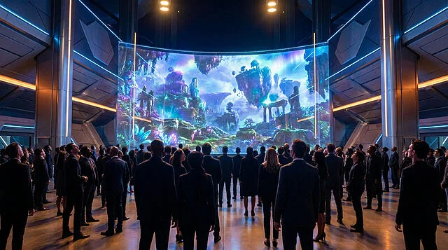 Unreal Engine Fest 2026 : Le monde de The Witcher 4 dévoilé Foule dans une salle high-tech, regardant un écran géant incurvé montrant un monde fantastique vibrant avec des îles volantes.