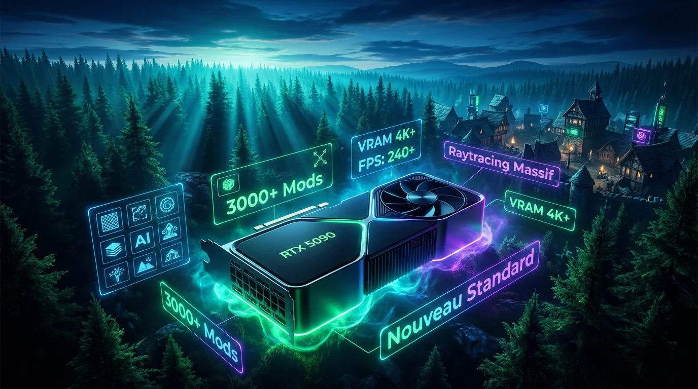 Carte graphique RTX 5090 faisant tourner Skyrim avec 3000 mods