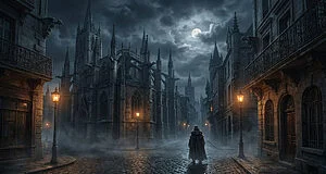 Paysage urbain gothique nocturne. Une silhouette encapuchonnée marche sur des pavés brumeux, éclairée par des lampadaires sous la pleine lune.
