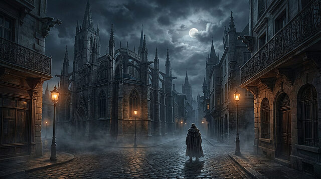 Nuit gothique : brume et mystère d'une cité ancestrale Paysage urbain gothique nocturne. Une silhouette encapuchonnée marche sur des pavés brumeux, éclairée par des lampadaires sous la pleine lune.