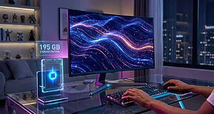 Un gamer utilise son PC de jeu éclairé au néon. Un écran affiche des ondes numériques et une alerte "195 GB STORAGE CRITICAL" avec un SSD transparent.