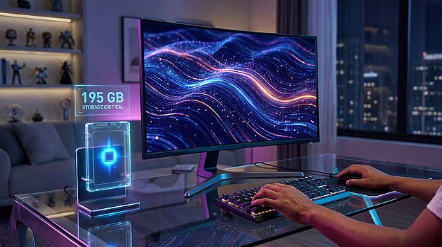 Votre SSD est-il prêt pour GTA 6 ? Alerte critique 195 Go Un gamer utilise son PC de jeu éclairé au néon. Un écran affiche des ondes numériques et une alerte "195 GB STORAGE CRITICAL" avec un SSD transparent.