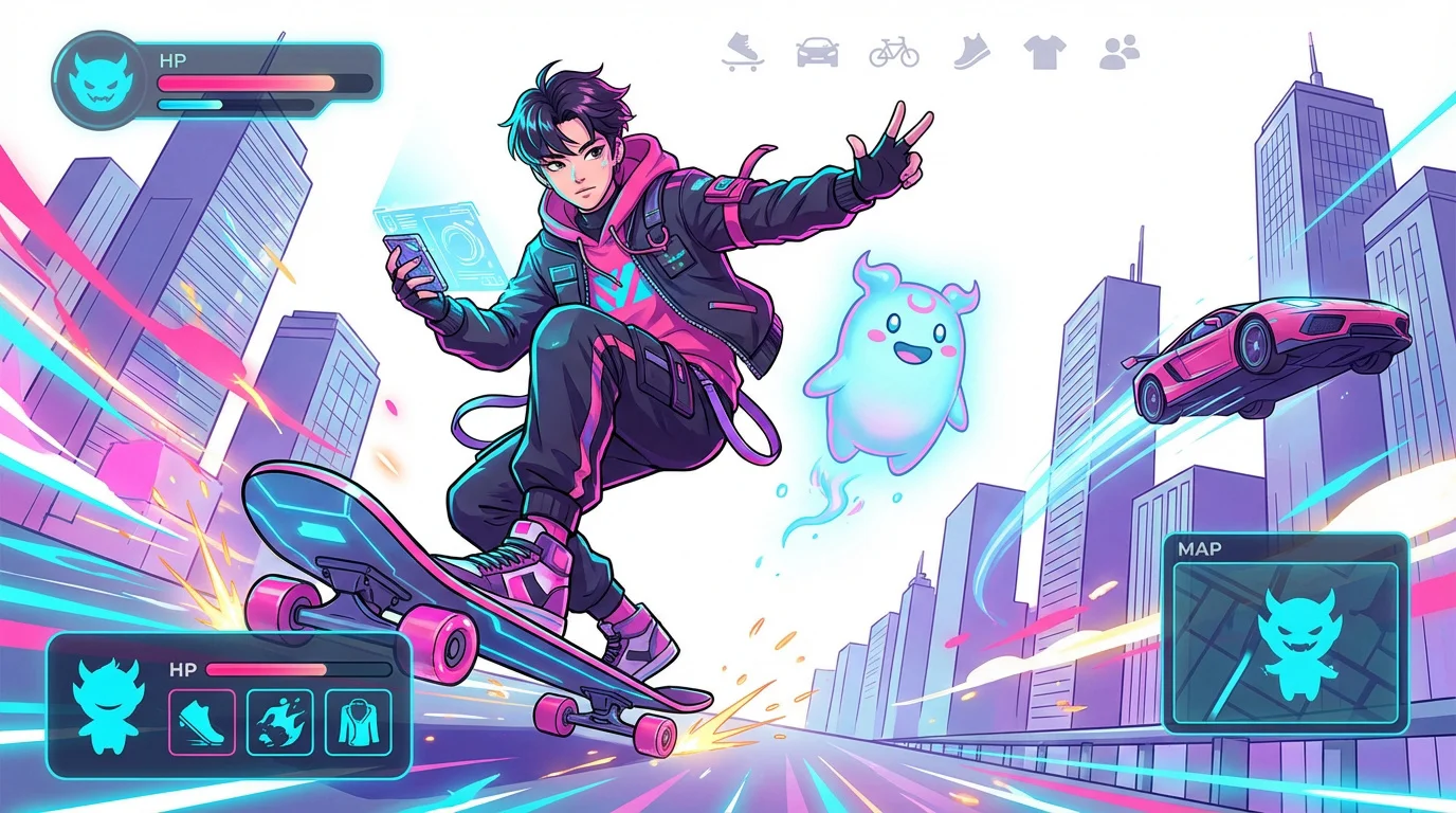 Enfant en style K-pop faisant du skate avec un Dokebi dans une ville aux néons
