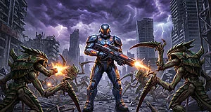 Un Space Marine blindé tire sur des créatures extraterrestres dans une ville en ruines sous un ciel orageux.