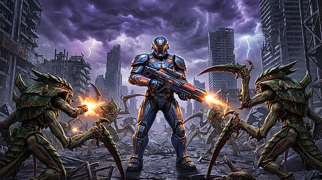 Space Marine contre Tyranides dans une ville en ruines Un Space Marine blindé tire sur des créatures extraterrestres dans une ville en ruines sous un ciel orageux.