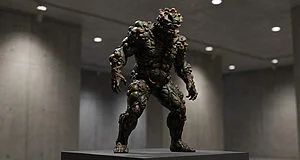 Statue très détaillée d'un Bloater de The Last of Us, monstre humanoïde couvert de pustules, posée sur un socle dans une galerie.